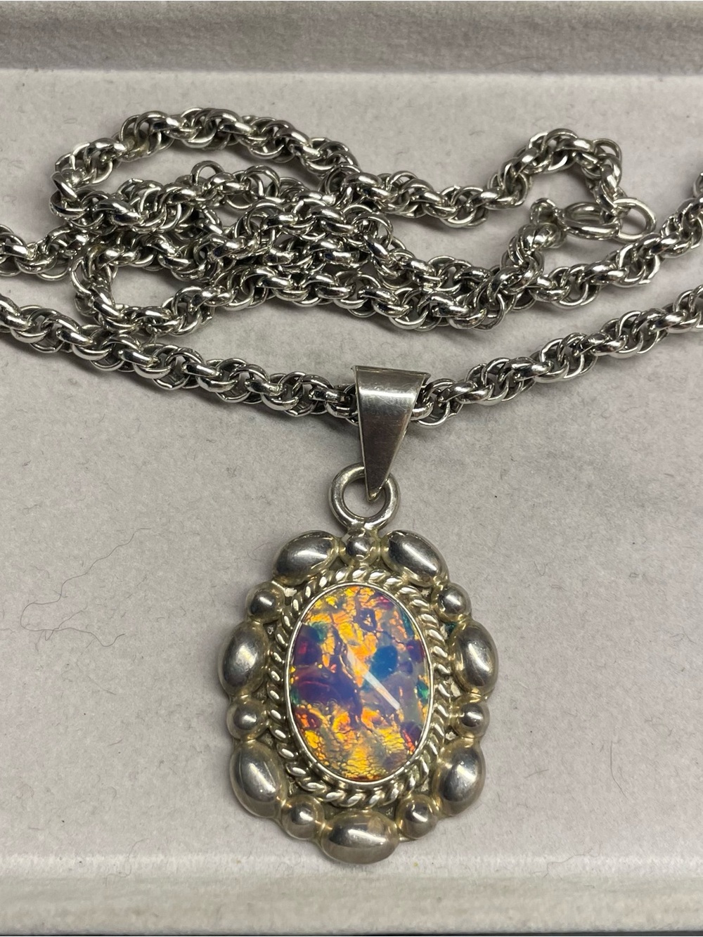 Vintage SIGNED Mexico Silver Foil Opal Pendant with Necklace over 35 GRAMS!